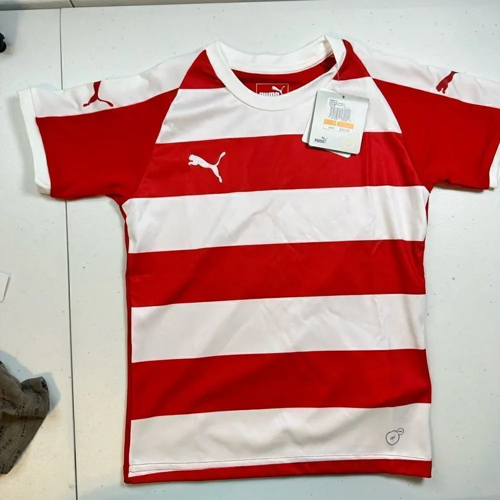 NWT PUMA Youth LIGA Hoop s Jersey Red/White Striped Short Sleeve Shirt - Size S